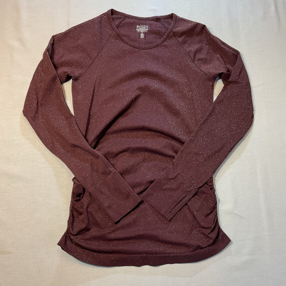 Athleta Plum Sparkly Ruched Long Sleeve With Thumb Holes Size Small Athletic